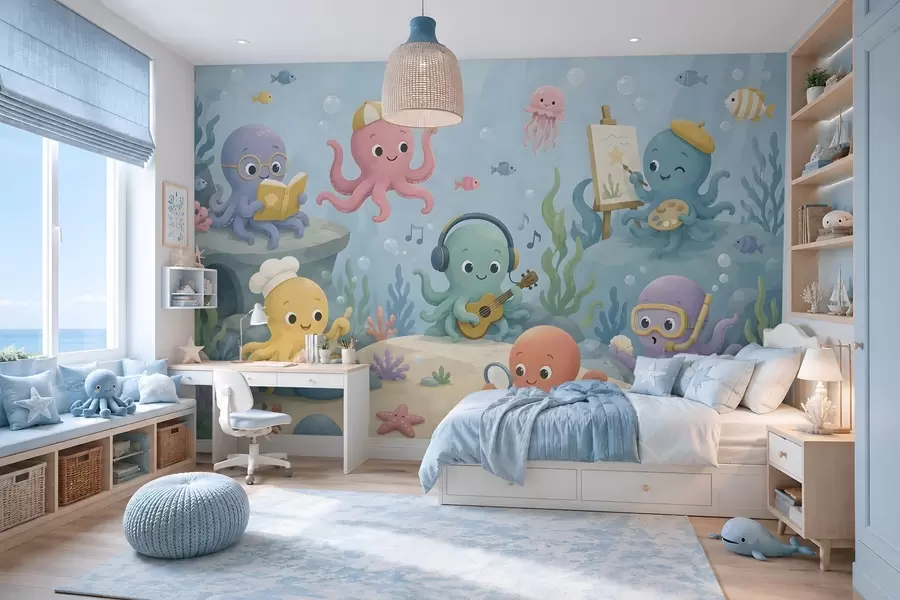 wall murals Cheerful, creative octopuses in the underwater world w05568