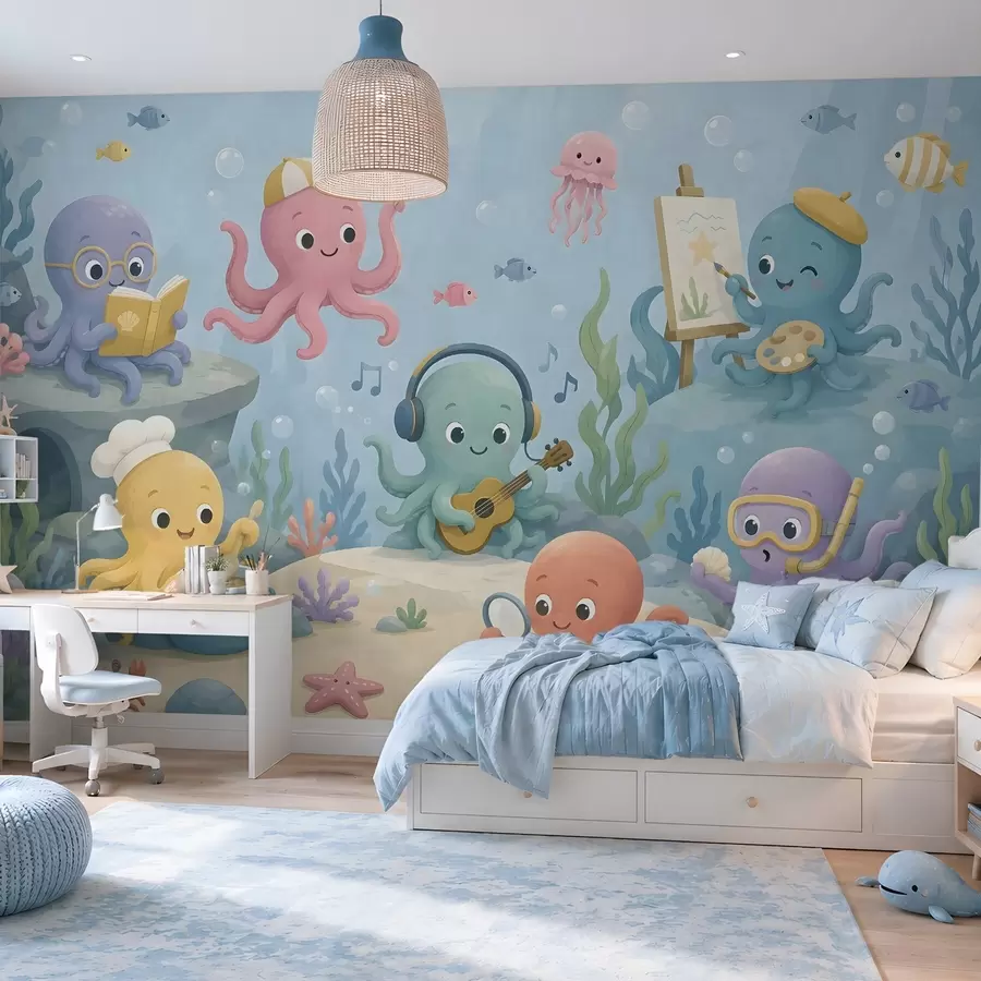 wall murals Cheerful, creative octopuses in the underwater world w05568