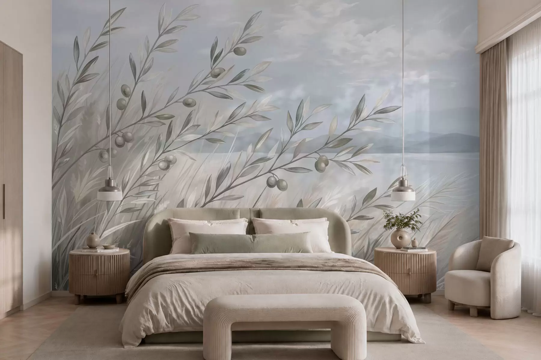 wall murals Olive branches among grasses by the lake w05536