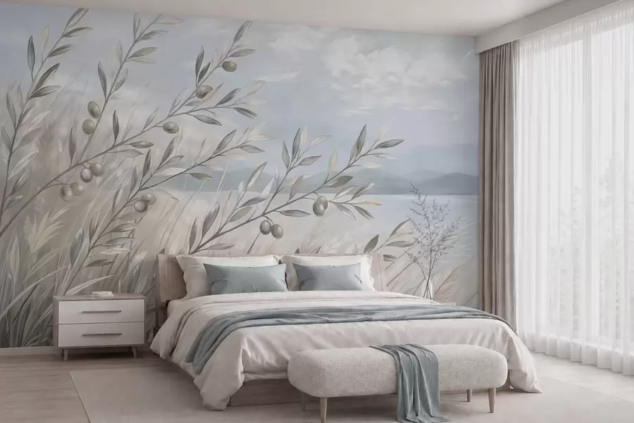 wall murals Olive branches among grasses by the lake w05536