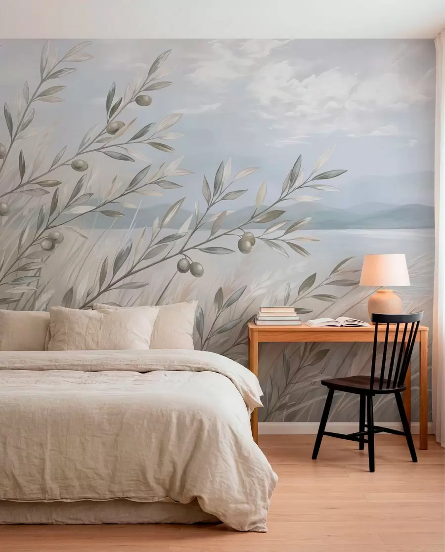 wall murals Olive branches among grasses by the lake w05536
