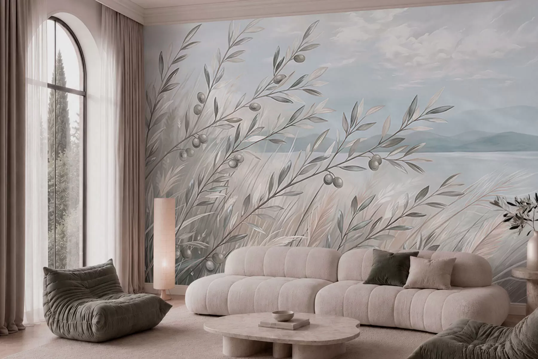 wall murals Olive branches among grasses by the lake w05536