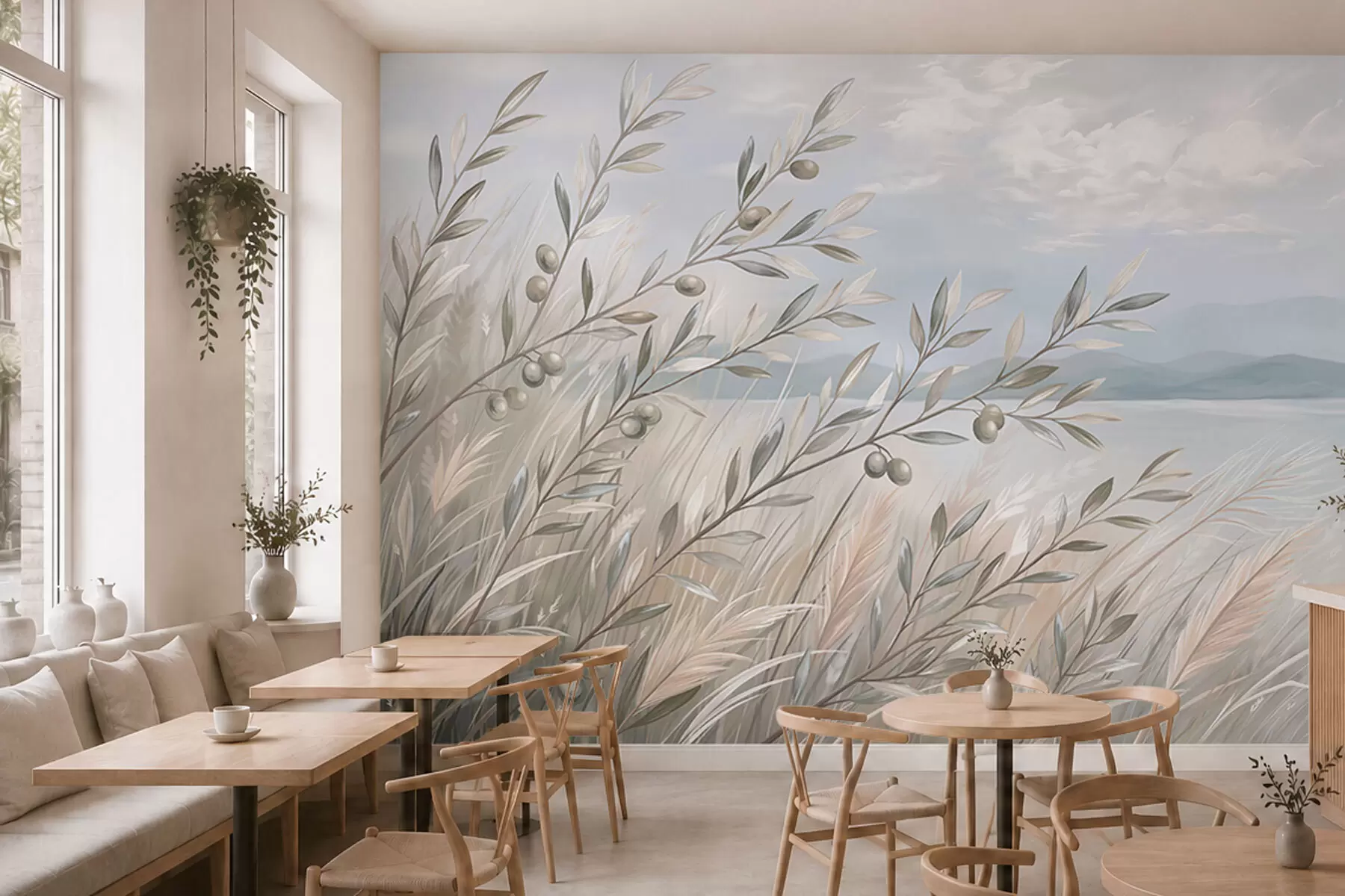 wall murals Olive branches among grasses by the lake w05536