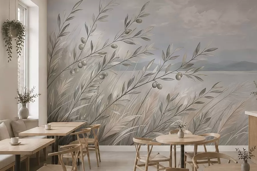 wall murals Olive branches among grasses by the lake w05536