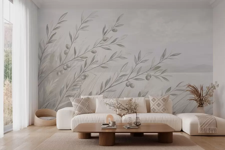 wall murals Pale olive branches by a calm lake w05536v1