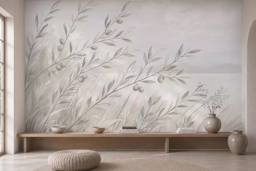 wall murals Pale olive branches by a calm lake w05536v1