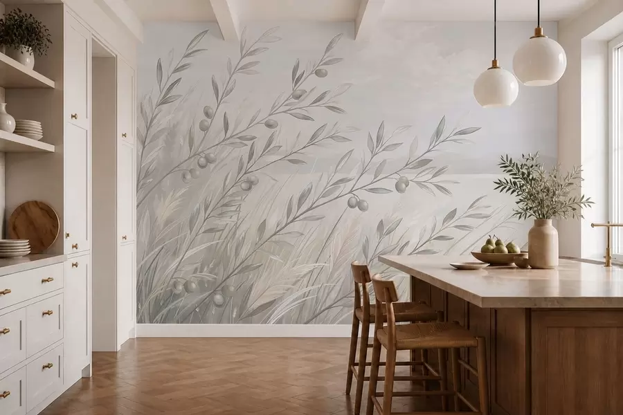 wall murals Pale olive branches by a calm lake w05536v1