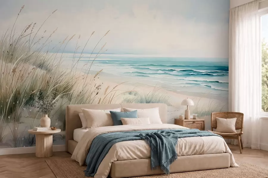 wall murals Sandy beach with waves and dunes w05537
