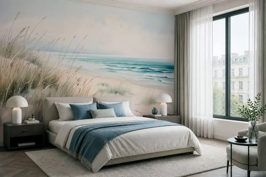 wall murals Sandy beach with waves and dunes w05537