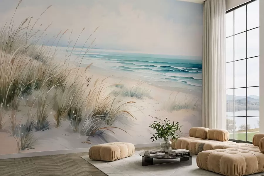 wall murals Sandy beach with waves and dunes w05537
