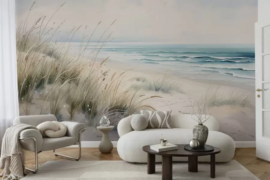 wall murals Sandy beach with waves and dunes w05537