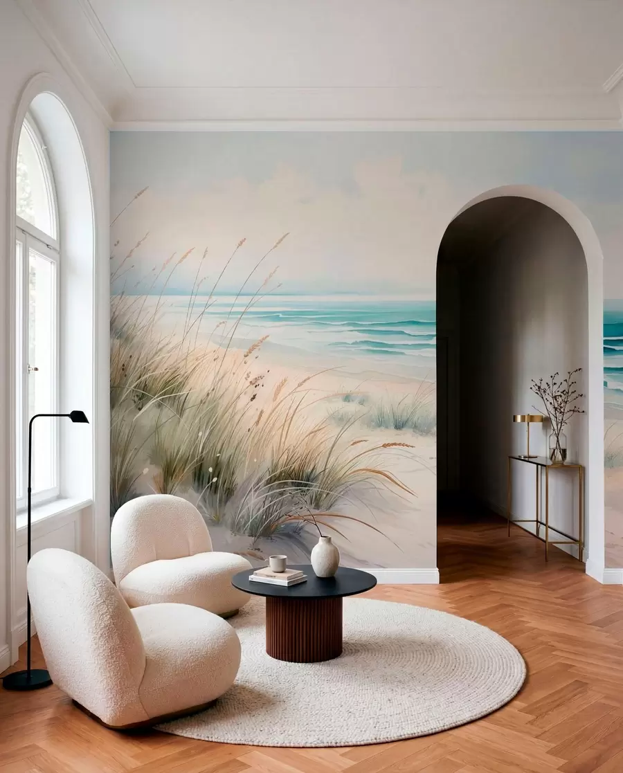 wall murals Sandy beach with waves and dunes w05537