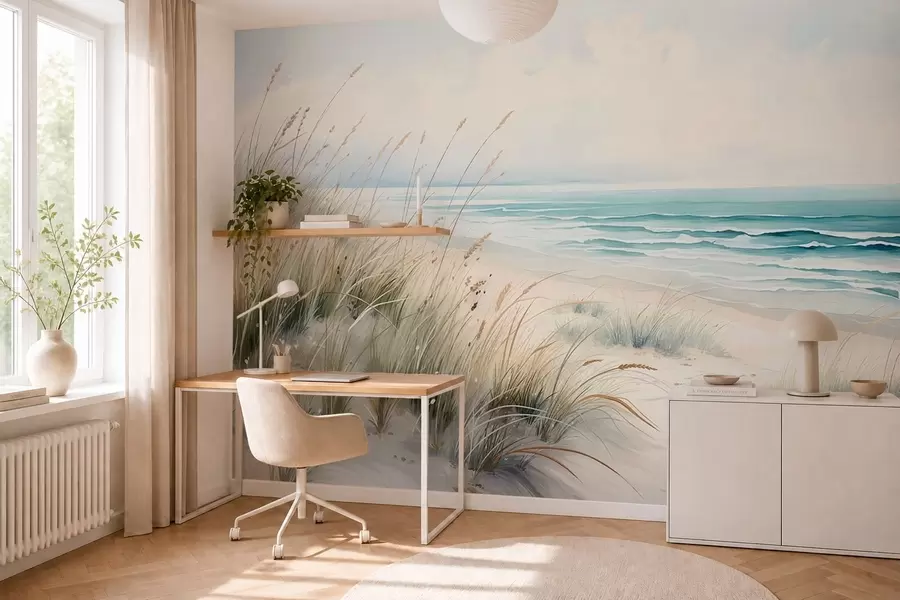 wall murals Sandy beach with waves and dunes w05537