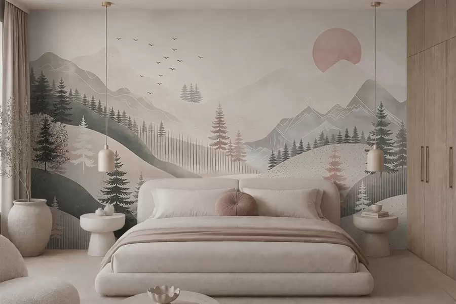 wall murals Minimal mountain landscape with pine trees w05626