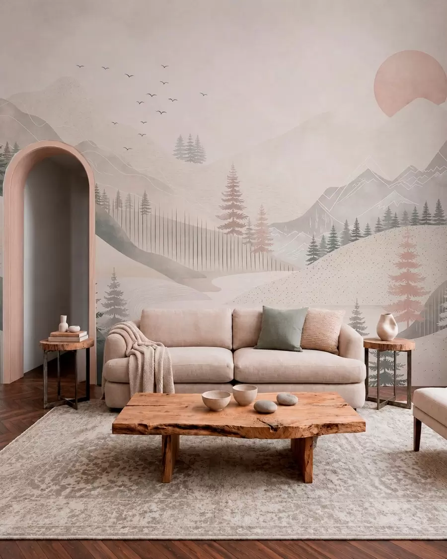 wall murals Minimal mountain landscape with pine trees w05626