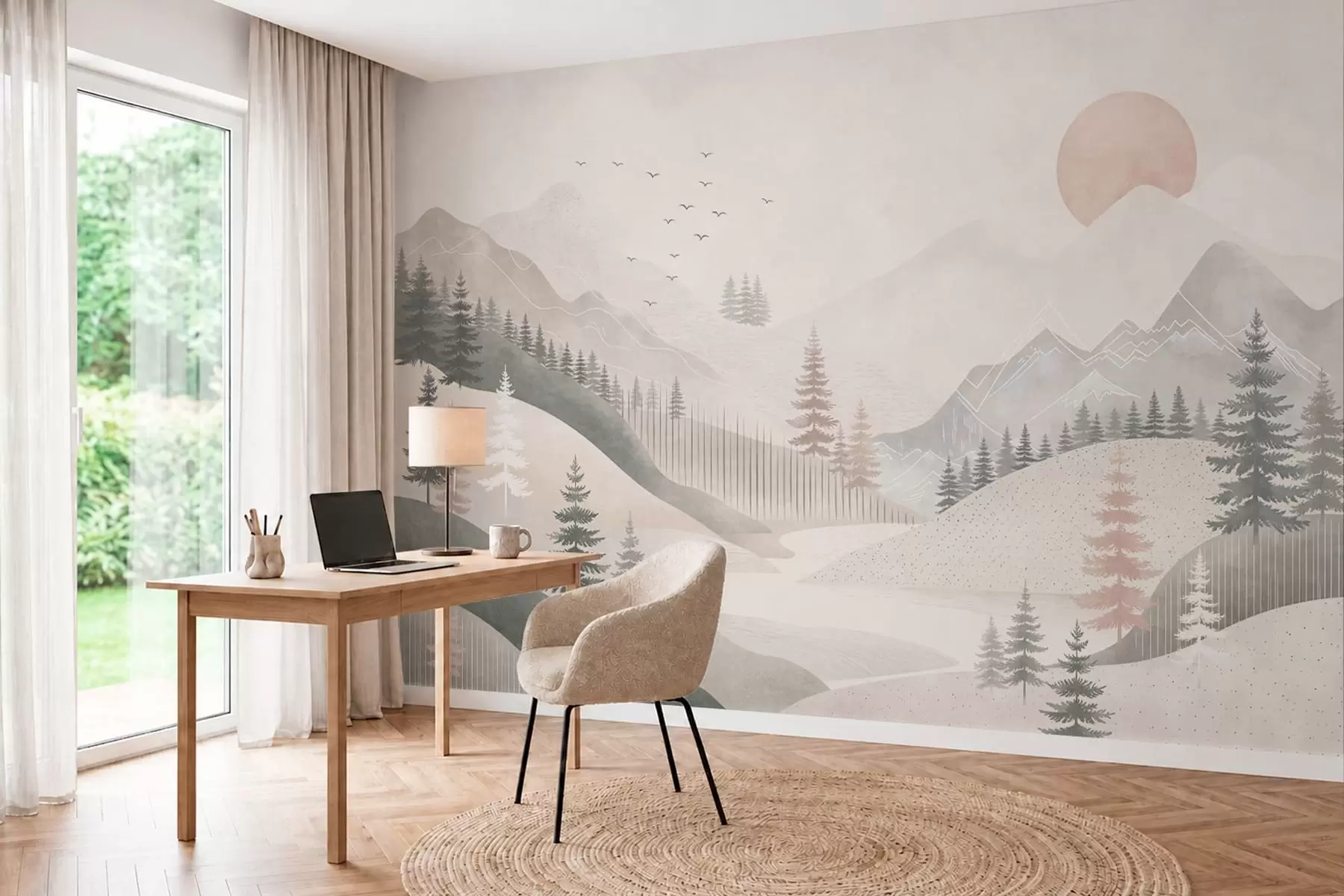 wall murals Minimal mountain landscape with pine trees w05626