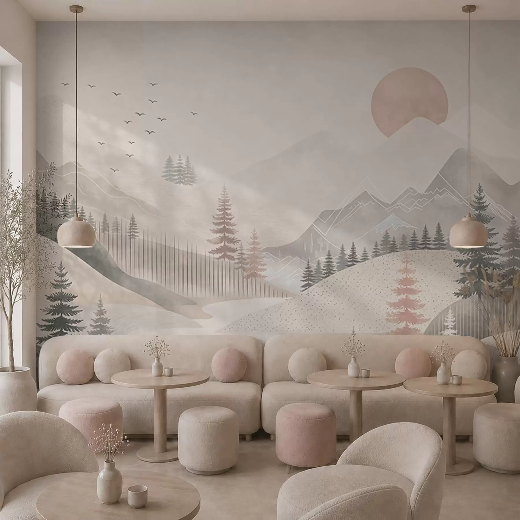 wall murals Minimal mountain landscape with pine trees w05626