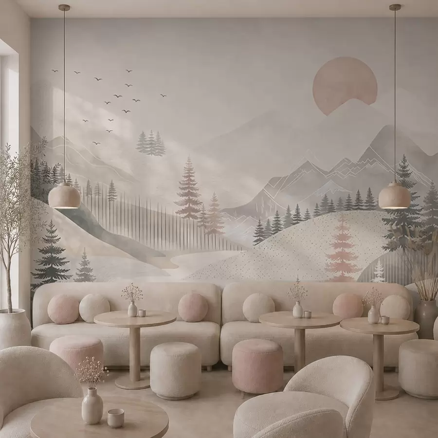 wall murals Minimal mountain landscape with pine trees w05626