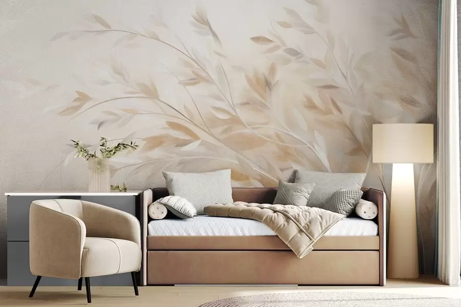 wall murals Textured grass stalks with leaves, swaying gently against a soft, muted background w09752