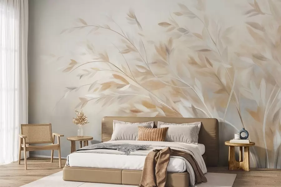 wall murals Textured grass stalks with leaves, swaying gently against a soft, muted background w09752