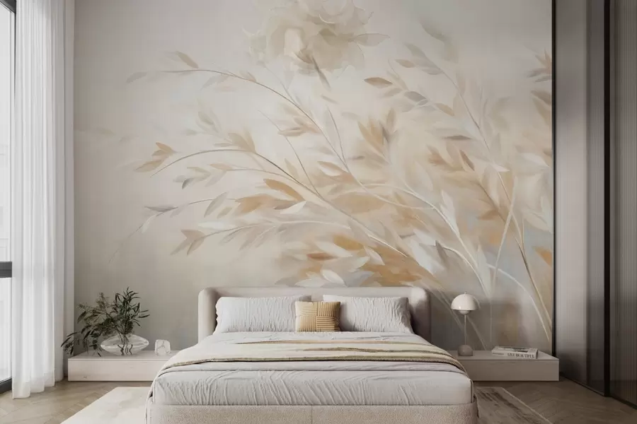 wall murals Textured grass stalks with leaves, swaying gently against a soft, muted background w09752