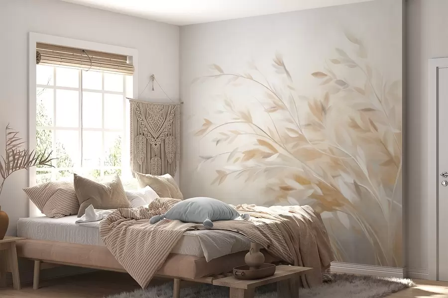 wall murals Textured grass stalks with leaves, swaying gently against a soft, muted background w09752