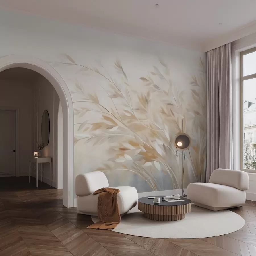 wall murals Textured grass stalks with leaves, swaying gently against a soft, muted background w09752