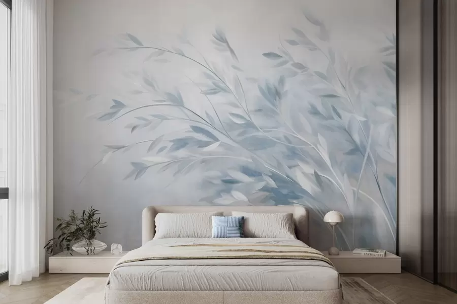 wall murals Textured grass stalks with leaves, swaying gently against a soft, muted background w09752v1