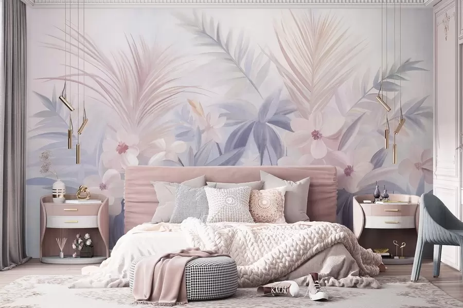 wall murals Tropical flowers and palm leaves in muted shades of blue and pink, painting style w09832