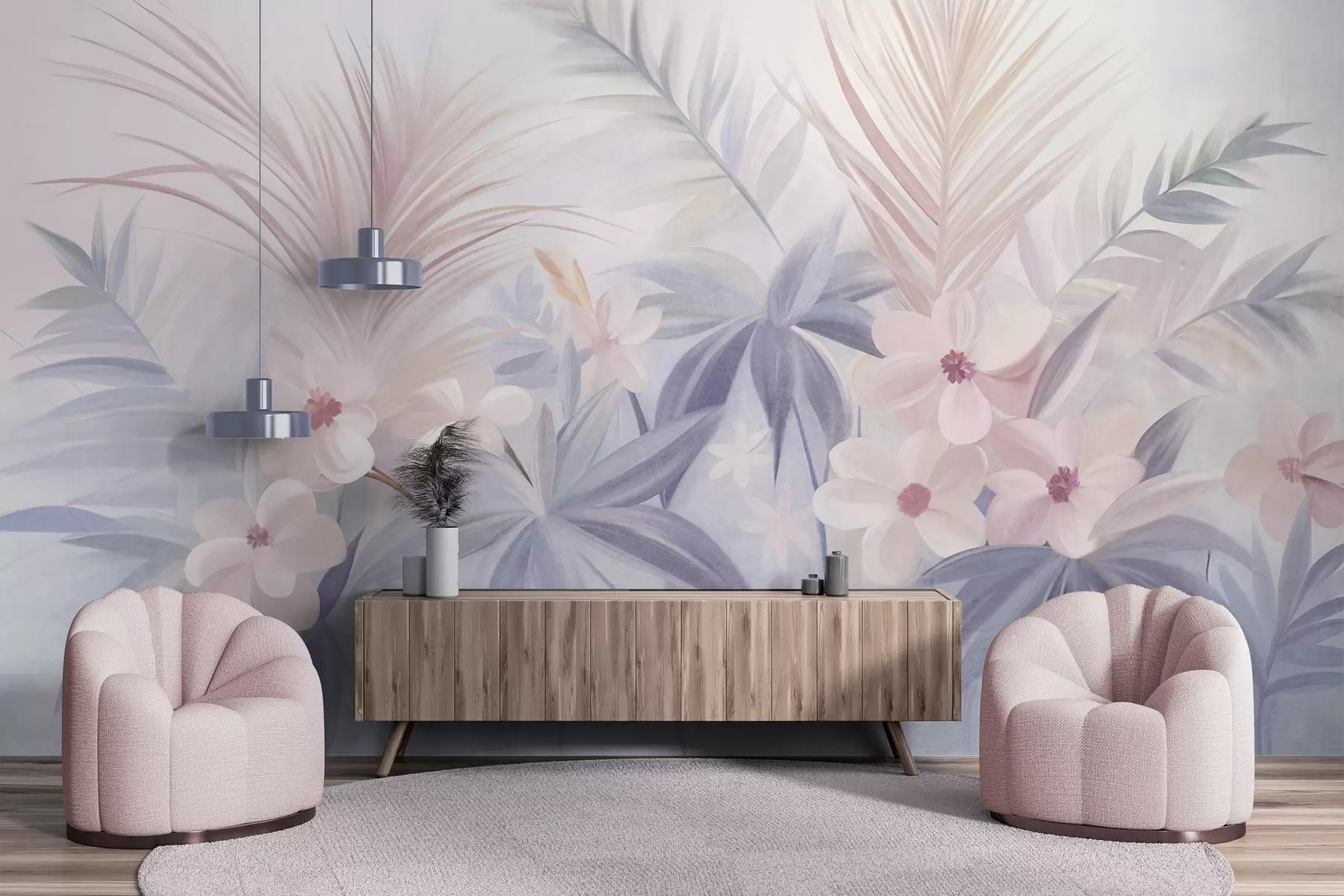 wall murals Tropical flowers and palm leaves in muted shades of blue and pink, painting style w09832