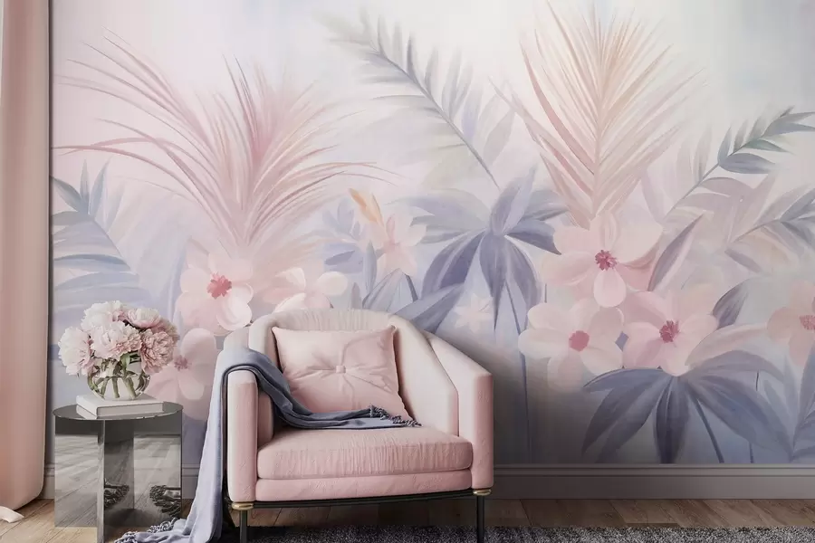 wall murals Tropical flowers and palm leaves in muted shades of blue and pink, painting style w09832
