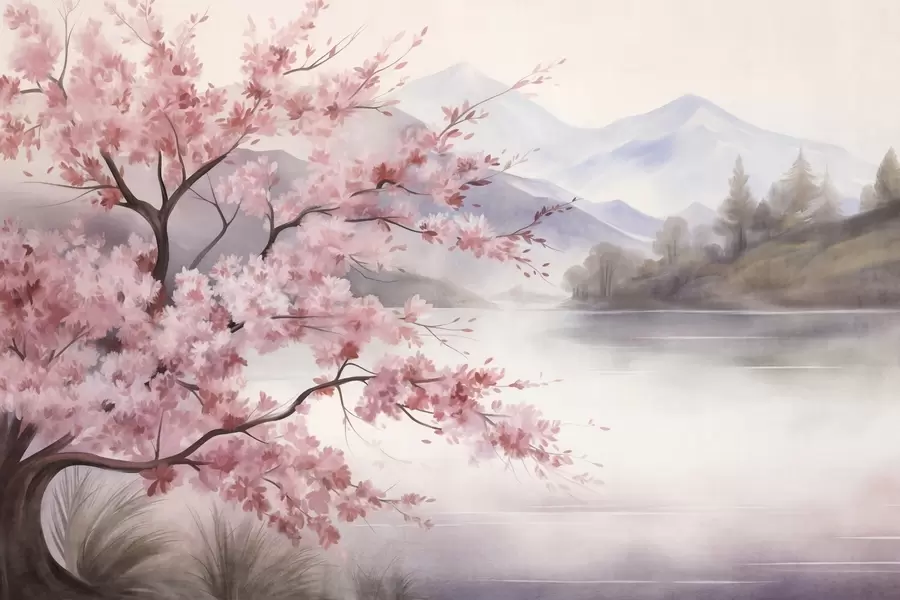 wall murals Landscape art, a tree with pink blossoms, a lake and misty mountains in the background w09870