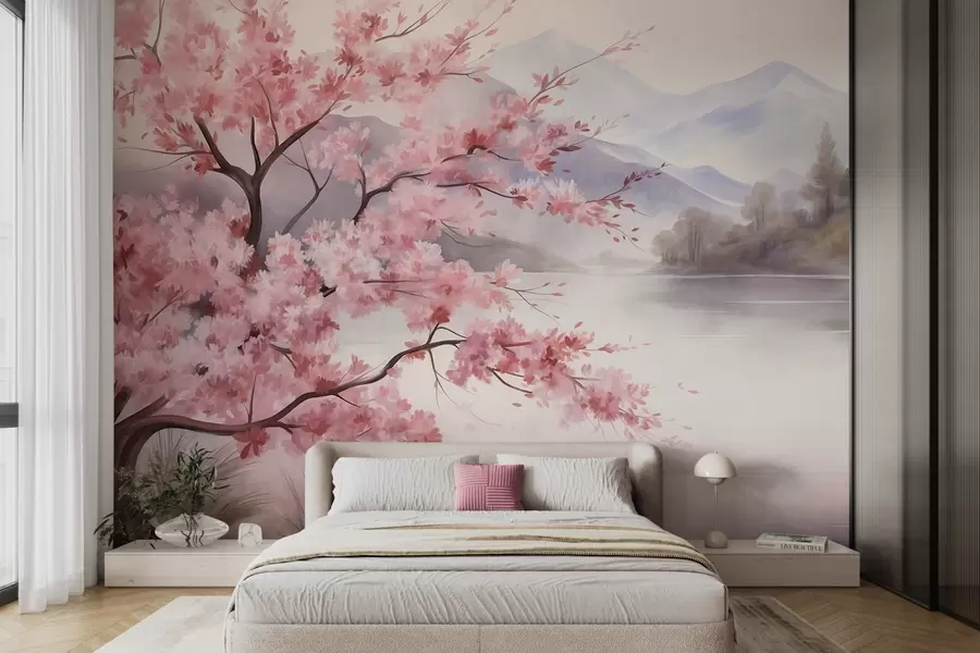 wall murals Landscape art, a tree with pink blossoms, a lake and misty mountains in the background w09870