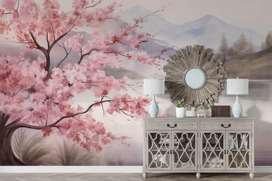wall murals Landscape art, a tree with pink blossoms, a lake and misty mountains in the background w09870