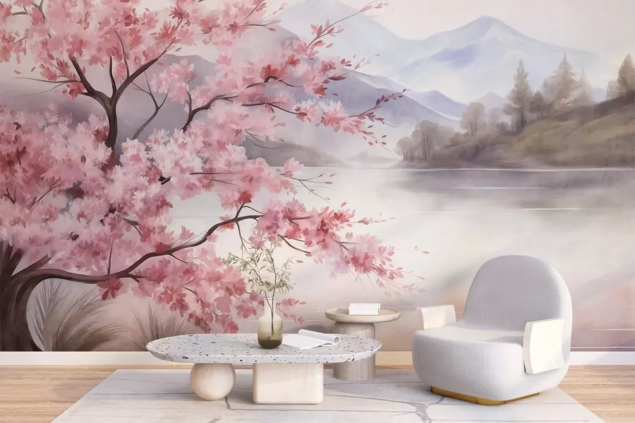 wall murals Landscape art, a tree with pink blossoms, a lake and misty mountains in the background w09870