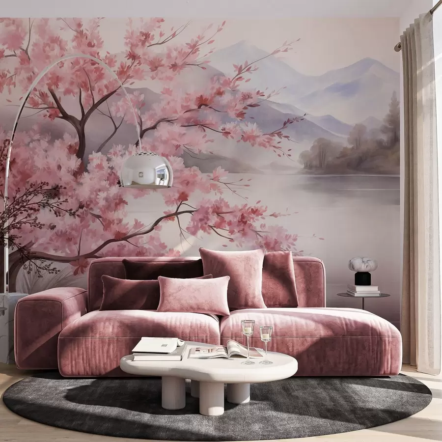 wall murals Landscape art, a tree with pink blossoms, a lake and misty mountains in the background w09870