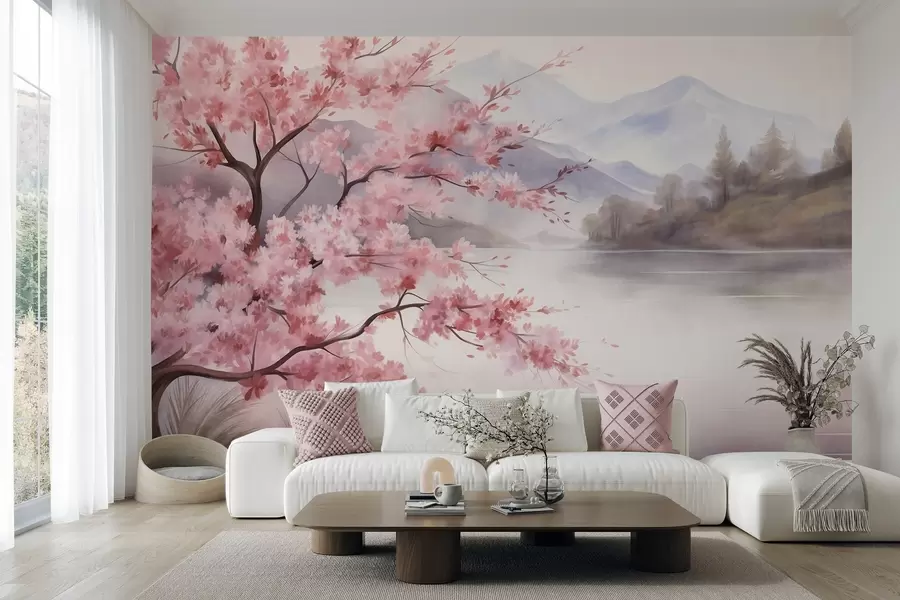 wall murals Landscape art, a tree with pink blossoms, a lake and misty mountains in the background w09870
