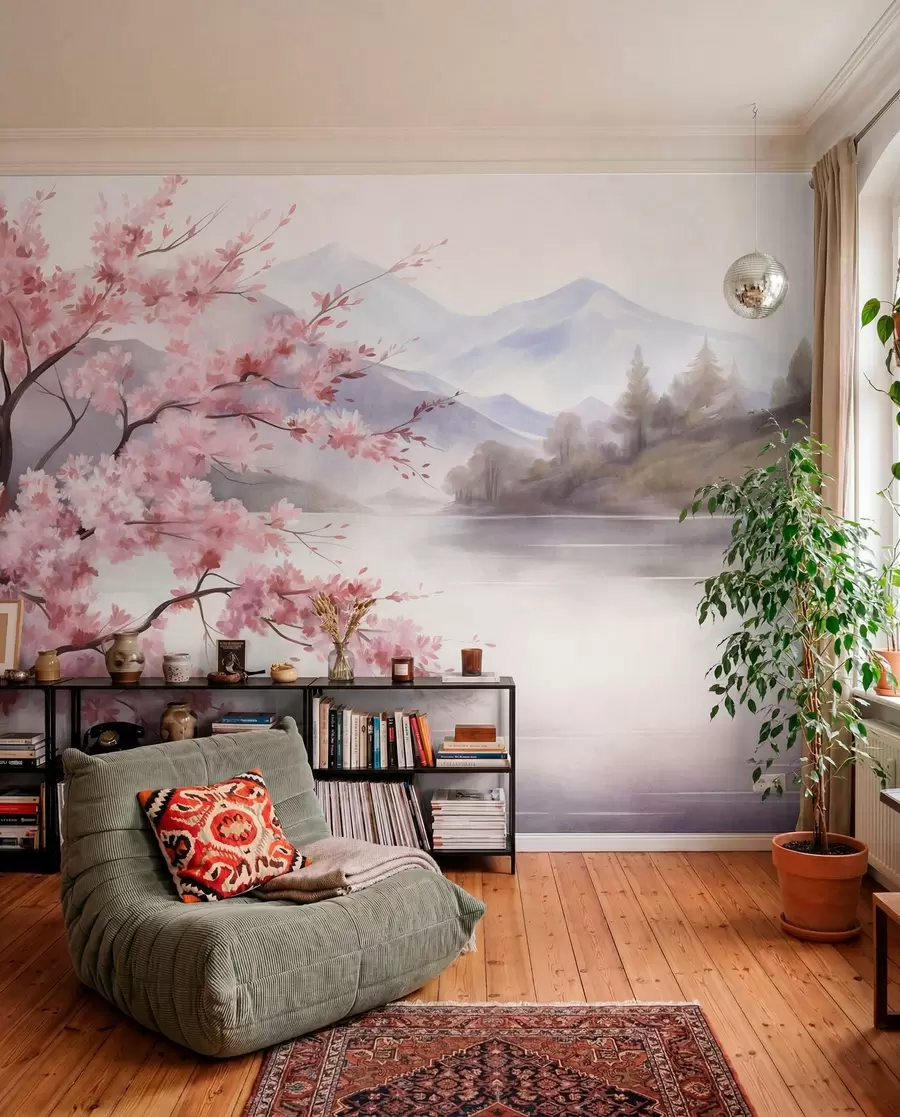 wall murals Landscape art, a tree with pink blossoms, a lake and misty mountains in the background w09870