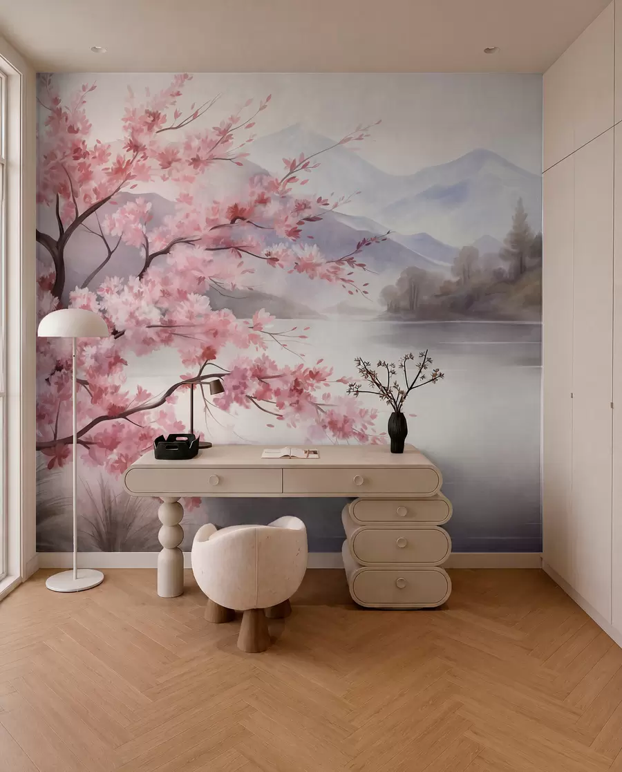 wall murals Landscape art, a tree with pink blossoms, a lake and misty mountains in the background w09870