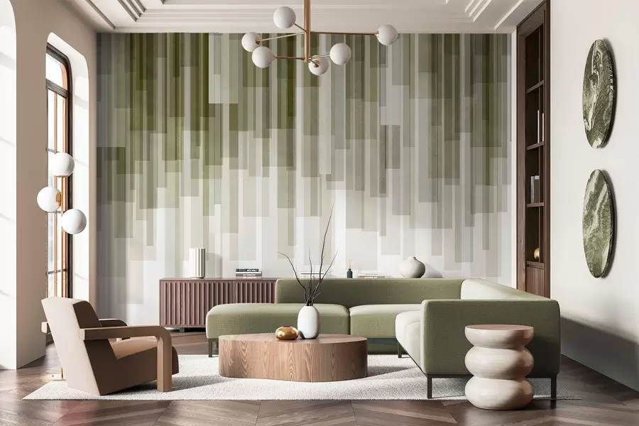 wall murals Textured vertical rectangles of varying transparency and shades of green, abstract art w09889