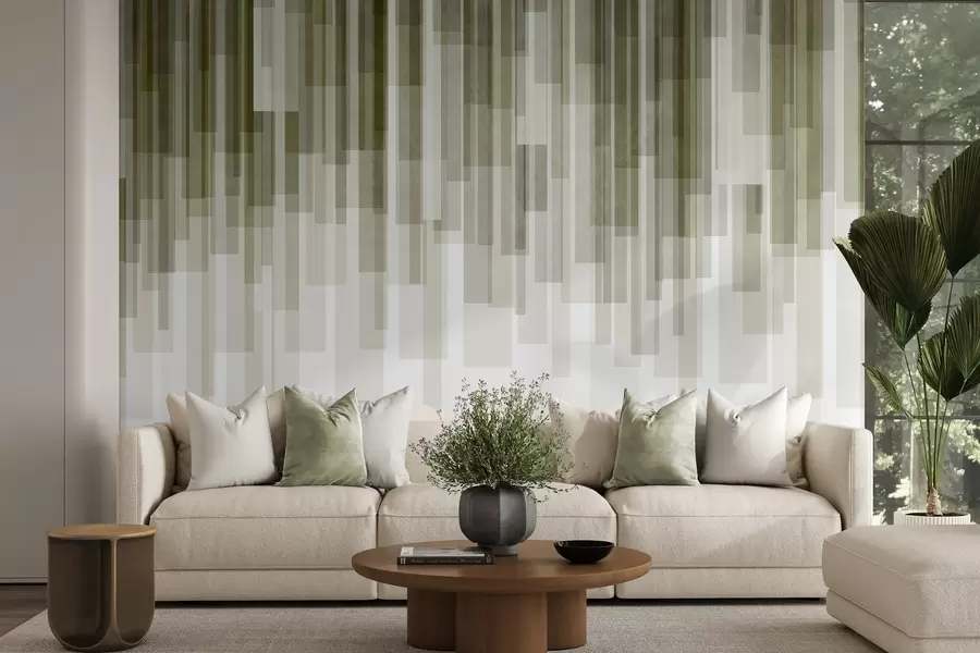 wall murals Textured vertical rectangles of varying transparency and shades of green, abstract art w09889