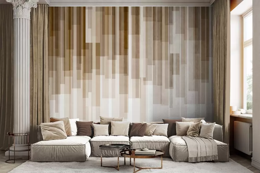 wall murals Textured vertical rectangles of varying transparency and shades of brown, abstract art w09889v1