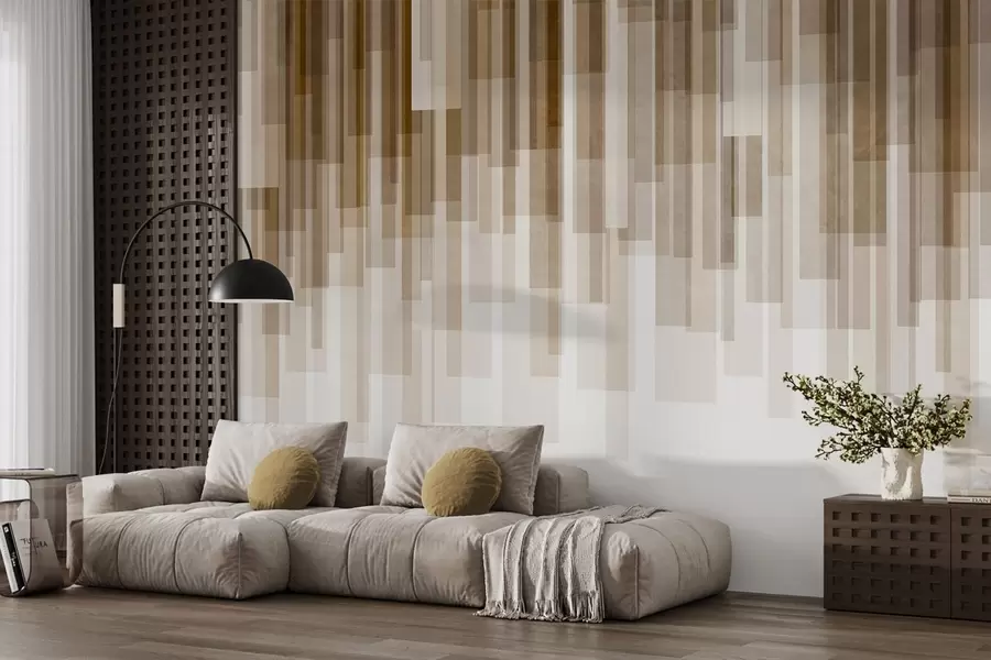 wall murals Textured vertical rectangles of varying transparency and shades of brown, abstract art w09889v1