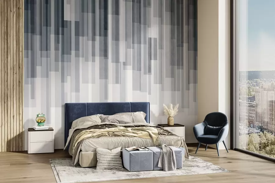 wall murals Textured vertical rectangles of varying transparency and shades of blue, abstract art w09889v2