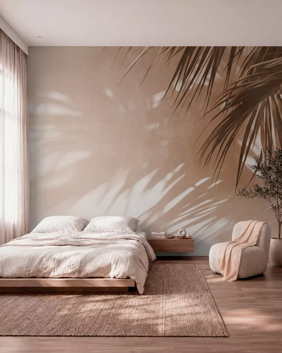 wall murals Textured palm leaves with shadows, a tropical atmosphere, minimalism w09890