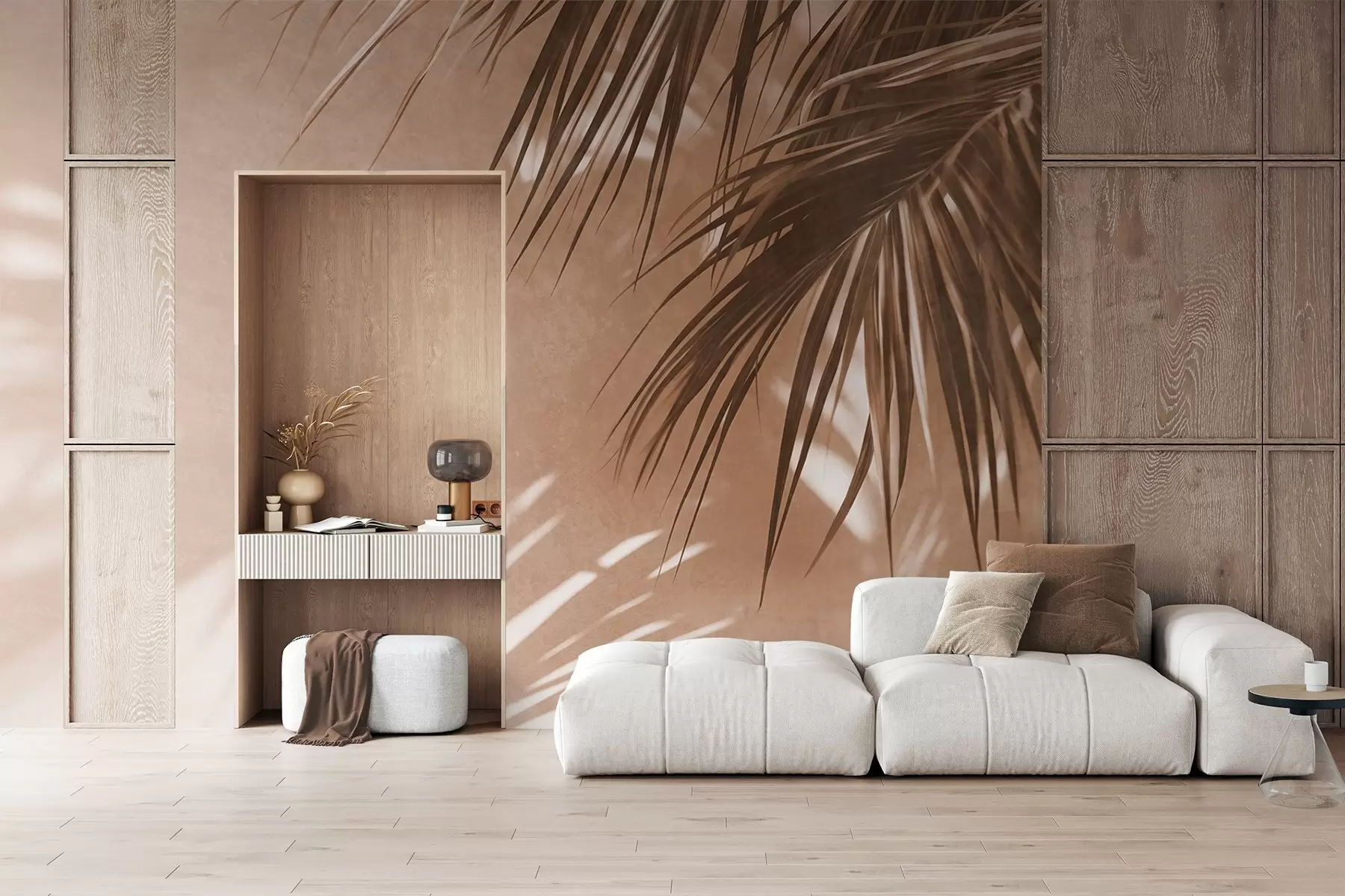 wall murals Textured palm leaves with shadows, a tropical atmosphere, minimalism w09890