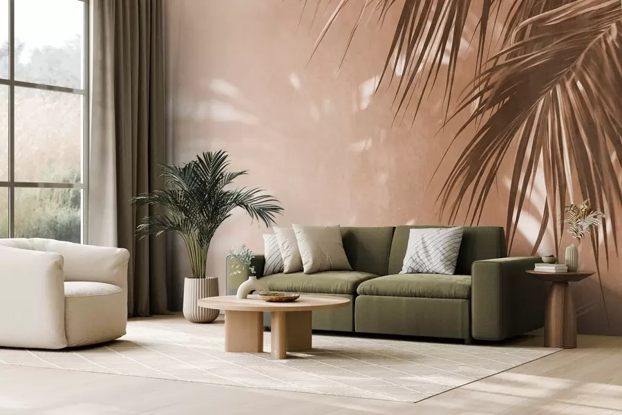 wall murals Textured palm leaves with shadows, a tropical atmosphere, minimalism w09890