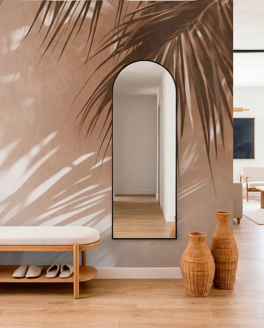 wall murals Textured palm leaves with shadows, a tropical atmosphere, minimalism w09890