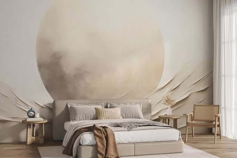 wall murals Abstract, wavy, cream-colored forms with a large, pale sphere, minimalist modern art w09895