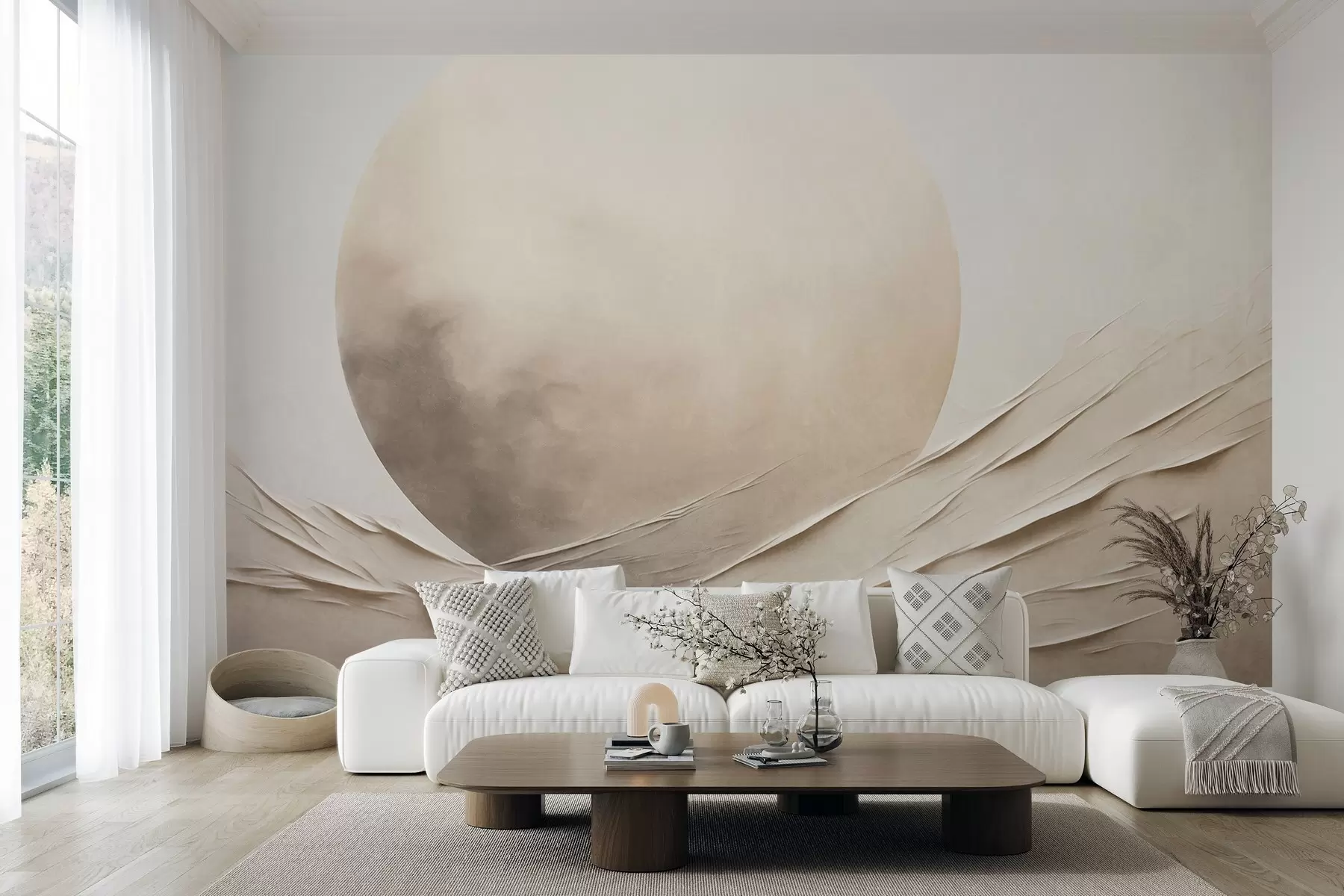 wall murals Abstract, wavy, cream-colored forms with a large, pale sphere, minimalist modern art w09895